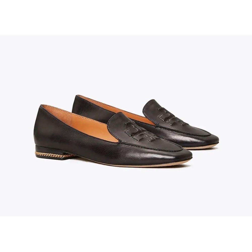 Tory Burch Black Leather Ruby Loafers Logo Gold Chain Heel Flats Classic 7.5M